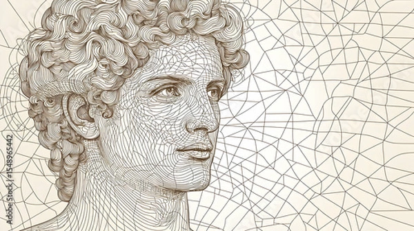 Fototapeta Detailed profile view of a man's head, sculpted with intricate line art, against a patterned backdrop.  The subject's features are classical, with flowing hair and a thoughtful expression