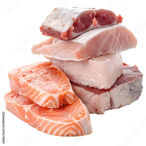 Fototapeta Pieces of raw meat or fish on a white background. Frozen pieces of meat stacked on top of each other