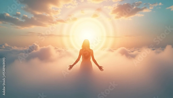 Fototapeta Spirit Guide A a figure surrounded by luminous energy under gentle morning sky with pastel tones, radiating warmth,