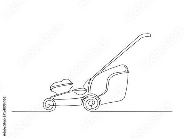 Fototapeta Continuous one line drawing of garden lawn mower. Lawn mower cutting grass outline illustration. Editable vector.