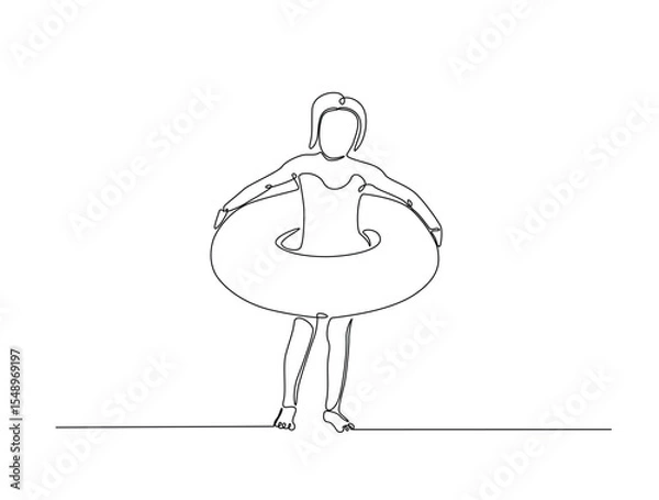 Fototapeta Continuous one line drawing of kid wearing swim ring. happy kid go to swimming outline illustration. Editable vector.