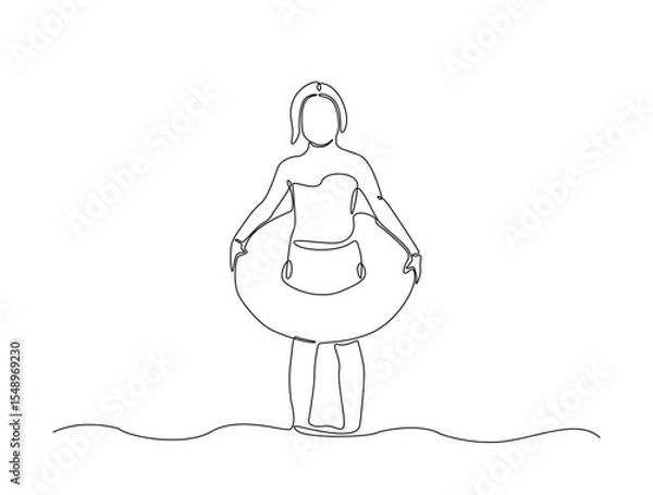 Fototapeta Continuous one line drawing of kid wearing swim ring. happy kid go to swimming outline illustration. Editable vector.