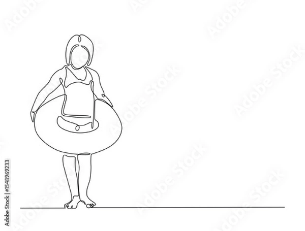 Fototapeta Continuous one line drawing of kid wearing swim ring. happy kid go to swimming outline illustration. Editable vector.