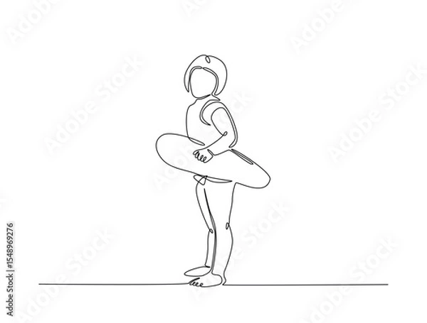 Fototapeta Continuous one line drawing of kid wearing swim ring. happy kid go to swimming outline illustration. Editable vector.