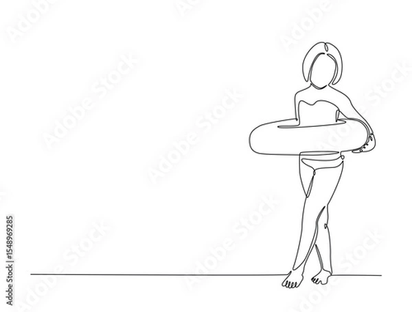 Fototapeta Continuous one line drawing of kid wearing swim ring. happy kid go to swimming outline illustration. Editable vector.