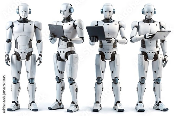 Fototapeta Four humanoid robots using tablets, standing in a row, white background, digital art