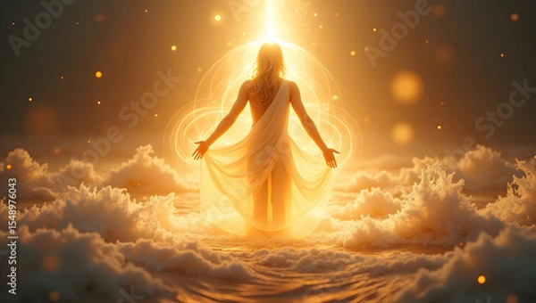 Fototapeta Spirit Guide Spirit wrapped in internal aura surrounded by halos of soft golden waves, with radiant streams of light flowing outward, representing a spiritua
