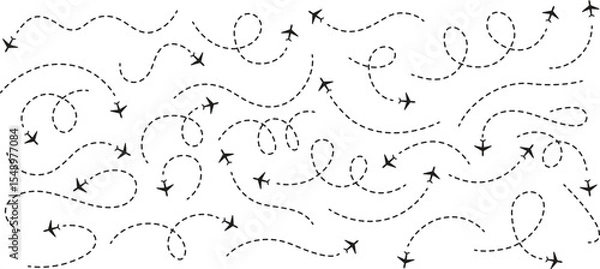 Obraz Travel concept Dotted path airplane Aircraft tracking. Line path vector icons of air plane flight routes with start point and dash line trace