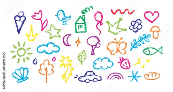 Fototapeta Crayon vector kid drawing. Hand drawn chalk pattern. Doodle cute illustration