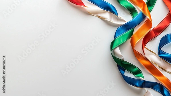 Fototapeta Colorful tricolor ribbons on white background with copy space. background for Indian Independence Day.