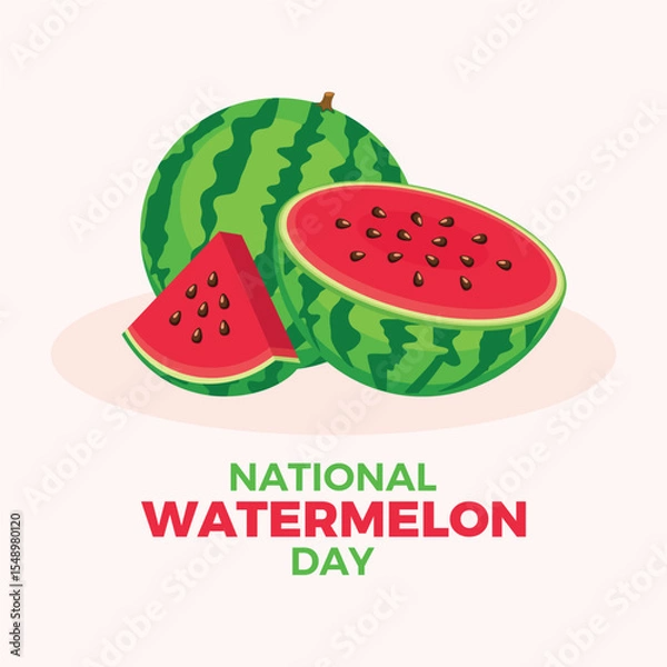 Fototapeta National Watermelon Day poster vector illustration. Juicy ripe watermelon whole, half and slice vector. Template for background, banner, card. August 3. Important day