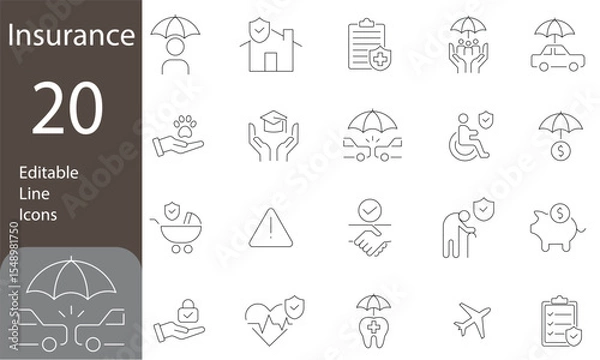 Fototapeta Insurance Editable Line Icons Set. insurance icons, life, car, pet, intellectual property, and more. Vector illustration