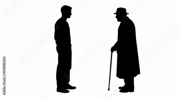 Obraz Silhouettes of a younger man and an older man with a cane facing each other on a white background