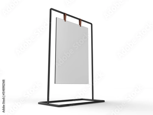Obraz 3D Realistic floor standing display mockup with metal base and leather. Blank portable vertical info white placard sign holder stand for presentation poster, banner, ads, products or exhibition info