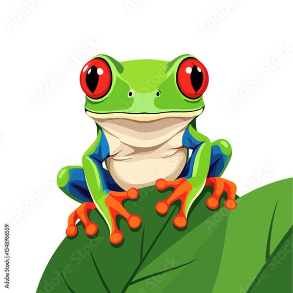 Obraz Cartoon Red-Eyed Tree Frog Sitting on a Green Leaf Illustration, Amphibian Wildlife Art
