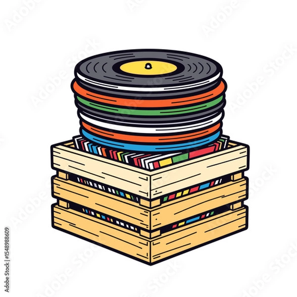 Obraz Stack of Vinyl Records on a Wooden Crate Illustration, Music Collection and Hobby Concept