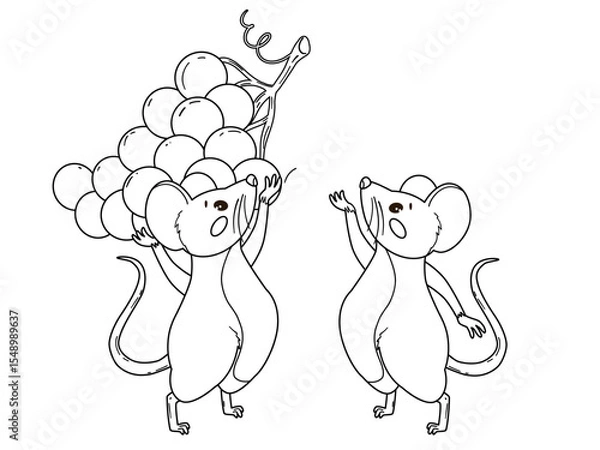 Fototapeta Set of two cartoon mice, one carrying a big bunch of grapes, the other reaching for it. The mouse has a round body, small ears and a long tail. The grapes are large and clustered in bunches. For