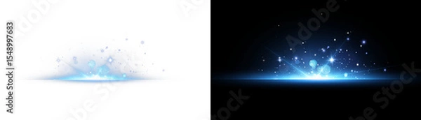 Fototapeta Futuristic blue light PNG with transparent highlights, glow, sun rays and bokeh sparks. Radiant star effect for modern abstract design, luxurious overlays or colorful visual effects