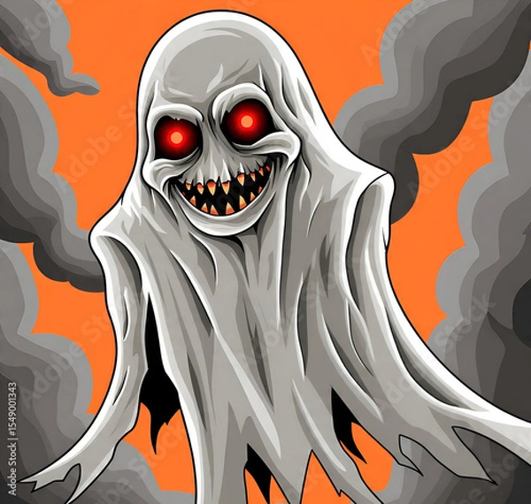 Obraz A white ghost with a horror face is shown isolated on an orange background, creating a spooky and eerie Halloween-themed visual.
