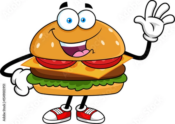 Fototapeta Burger Cartoon Character Smiling and Waving - Vector Hand Drawn Illustration Isolated On Transparent Background