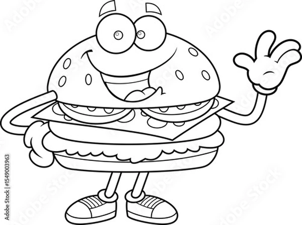 Fototapeta Black And White Burger Cartoon Character Smiling and Waving