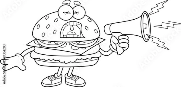 Fototapeta Funny Burger Cartoon Character Shouting Through Megaphone