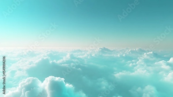 Fototapeta Aerial view of soft pastel turquoise clouds and sky background, fluffy and dreamy