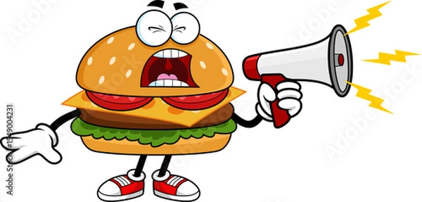Fototapeta Funny Burger Cartoon Character Shouting Through Megaphone - Vector Hand Drawn Illustration Isolated On Transparent Background