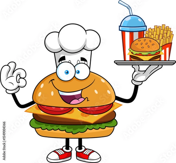 Fototapeta Burger Chef Cartoon Character Holding Fast Food Tray with Burger, Fries and Soda - Vector Hand Drawn Illustration Isolated On Transparent Background