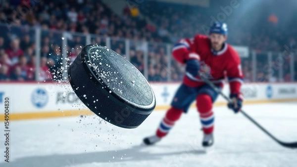 Fototapeta hockey player wearing blue and red uniform move on dark stadium background throws the puck to the foreground. copy space banner
