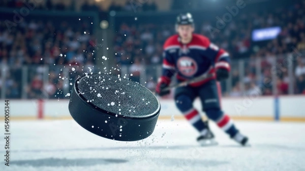 Fototapeta hockey player wearing blue and red uniform move on dark stadium background throws the puck to the foreground. copy space banner