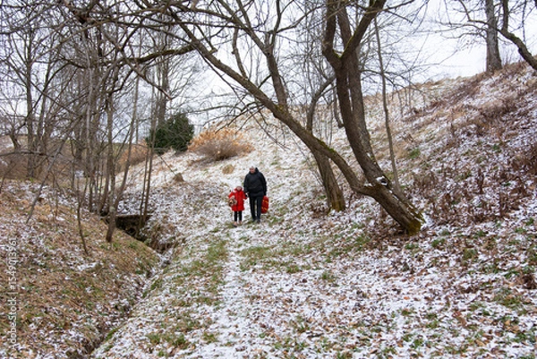Fototapeta Exploring a winter wonderland with loved ones on a snowy day in a peaceful outdoor setting surrounded by trees and gentle slopes