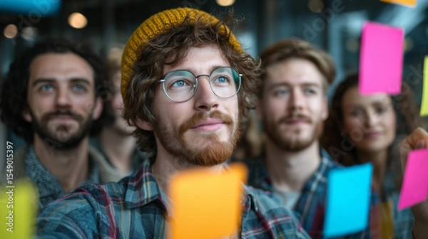 Fototapeta business photo of a creative team in a brainstorming session, placing colorful sticky notes on a glass wall in modern offive