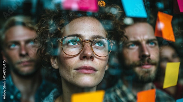 Fototapeta business photo of a creative team in a brainstorming session, placing colorful sticky notes on a glass wall in modern offive