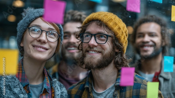 Fototapeta business photo of a creative team in a brainstorming session, placing colorful sticky notes on a glass wall in modern offive