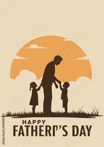 Fototapeta A minimalist illustration featuring the silhouette of a father and two young children against a setting sun.