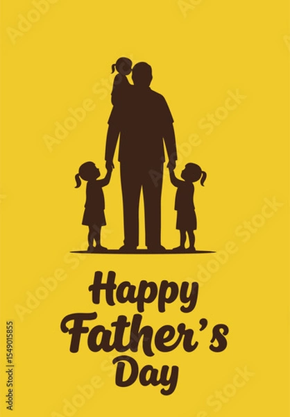 Fototapeta A minimalist illustration featuring a dark silhouette of a father holding hands with two young children against a vibrant yellow background.
