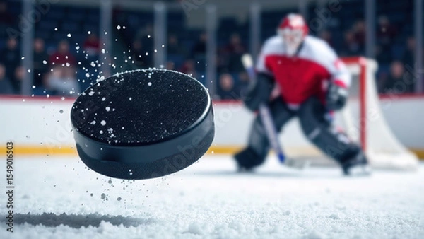 Fototapeta a hockey puck flies into the goalkeeper's net. hockey player wearing white and red uniform move on dark stadium background throws the puck to the foreground. copy space banner