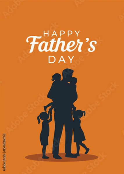 Fototapeta A minimalist silhouette design showcasing a father with his three children, set against a warm orange background.