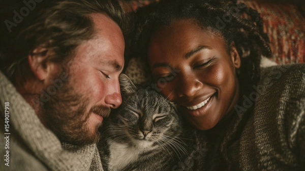 Fototapeta Plus-Size Couple Cuddling on Couch with Cat