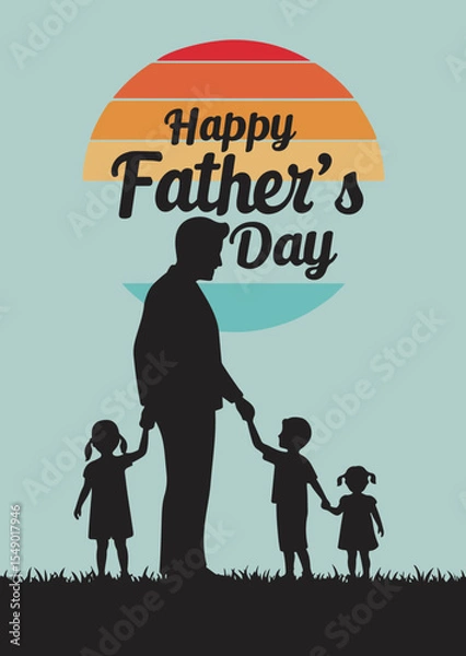 Fototapeta A heartwarming illustration celebrates Father's Day. The design features a silhouette of a father holding hands with two young children, a girl on each side, standing against a serene pastel backgroun