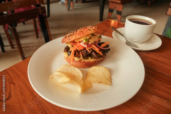 Fototapeta Travel photography in Asunción, Paraguay. High angle close up shot of gourmet vegetarian sandwich bagel with mushrooms; chips served on white plate in cozy café setting. Coffee on table in background.