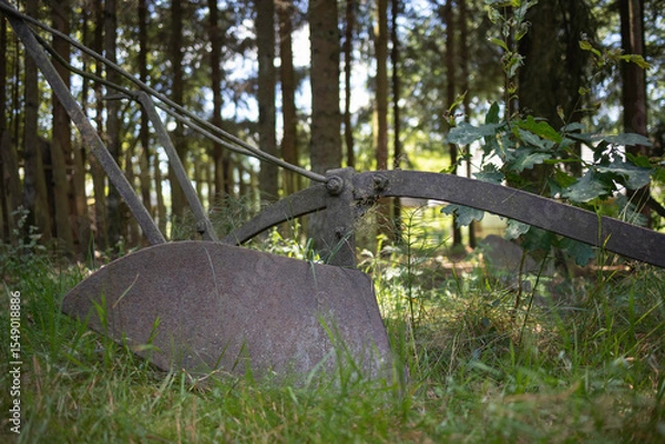 Fototapeta A rusty old plow is sitting in the grass in a forest