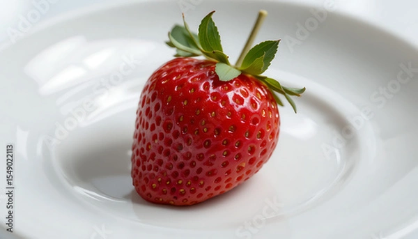 Fototapeta plump, vibrant red strawberry, glossy surface, lush green leaves, minimalist white plate background, macro shot, high quality, photorealistic, 4K and HD image