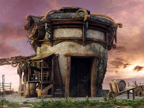 Fototapeta Fantasy fairy hut on a green meadow, with wooden door, barrels and tree logs, at sunset.  Image made with 3d resources and painted elements. No AI used.