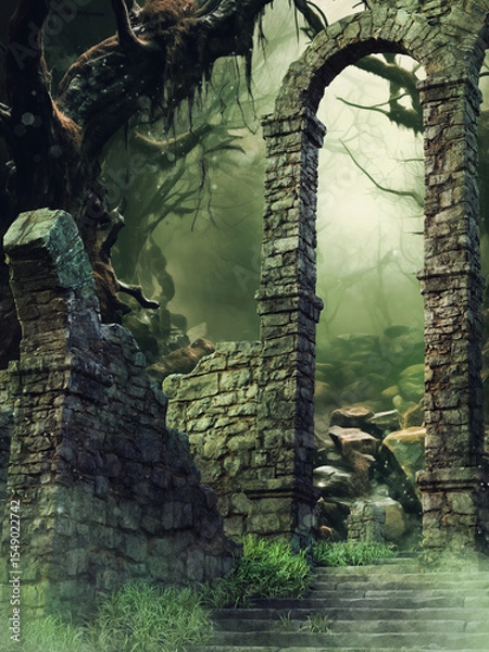 Fototapeta Ruins of a fantasy stone castle in a dark old forest, with a stone arch and stairs.  Image made with 3d resources and painted elements. No AI used.