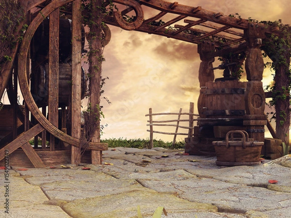 Fototapeta Fantasy wooden patio with vines at sunset near a fairy cottage.  Image made with 3d resources and painted elements. No AI used.