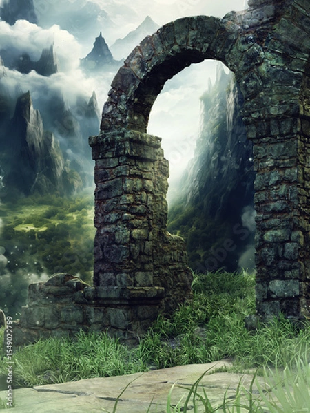 Fototapeta Fantasy ruins of a castle with a stone arch on a green meadow in the mountains.  Image made with 3d resources and painted elements. No AI used.