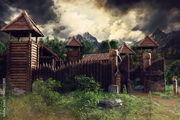 Fototapeta Wooden gateway to an old medieval fantasy settlement with towers among in a green forest.  Image made with 3d resources and painted elements. No AI used.