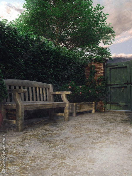 Fototapeta Wooden bench in the backyard in a summer garden with green vines in the background.  Image made with 3d resources and painted elements. No AI used.